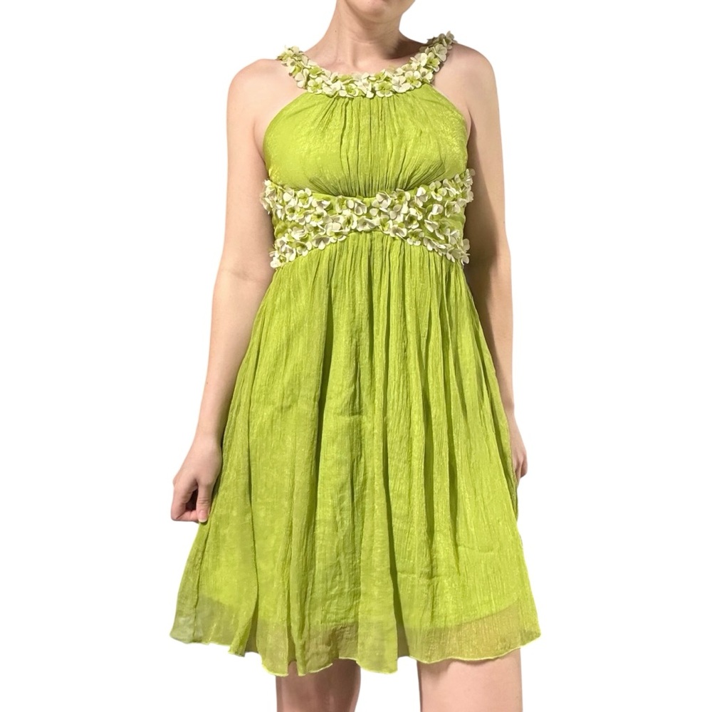 Lucy Paris | Lime Green Floral Appliqué Crinkle Mini Dress